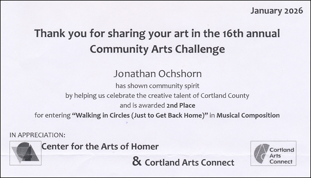 2nd place awards letter for Jonathan Ochshorn's song, Walking in Circles